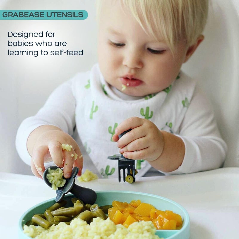 Grabease Baby Feeding Utensils Set - Ergonomic Grip for Self-Feeding - Anti-Choke Collar & Toddler Cutlery Safety - Dishwasher Safe & Travel-Ready Baby Feeding Set - Gray, Pack of 1 - Image 2